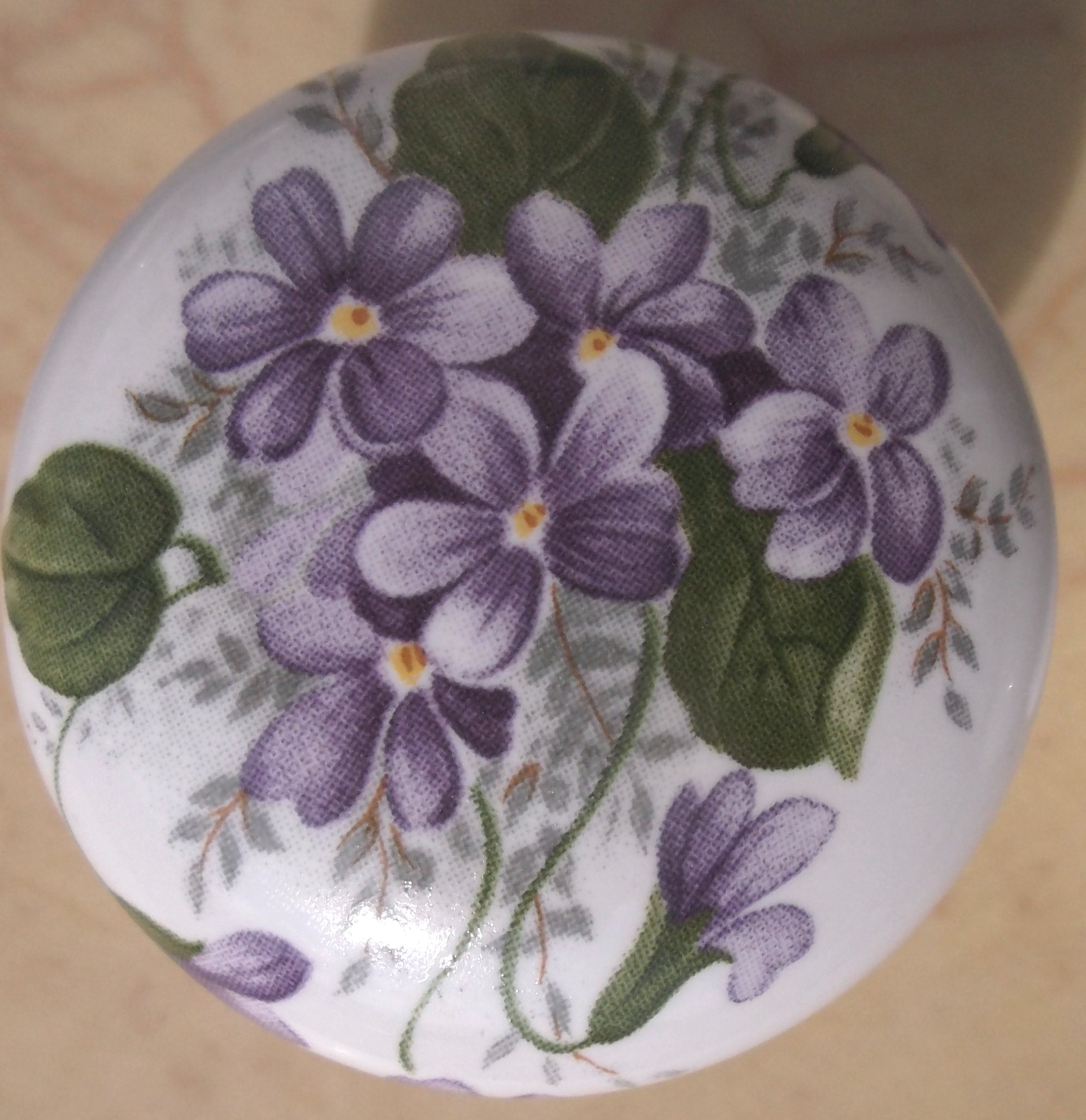 thumbnail image 2 of Handmade Ceramic Drawer Pull Knob - Violet Flowers Design For Cabinets 2 of 5