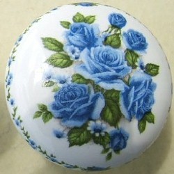 CERAMIC CABINET KNOB  PINK BLUE ROSE ROSES