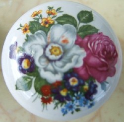 CERAMIC CABINET KNOB  PINK WHITE ROSE ROSES