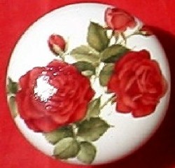 CERAMIC CABINET KNOB  PINK RED ROSE ROSES